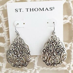 St. Thomas Silver Tone Vintage Style Boho Filigree Earrings - Pierced Fishhook